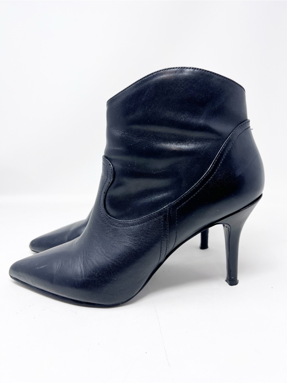 NINE WEST JULIUS BLACK LEATHER SPIKE HEEL SIDE ZIP BOOTIES WOMENS SZ 9